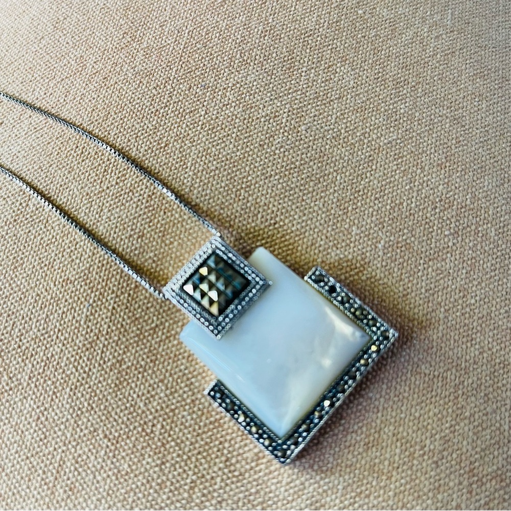 Modern Silver and White Square Pendant Necklace